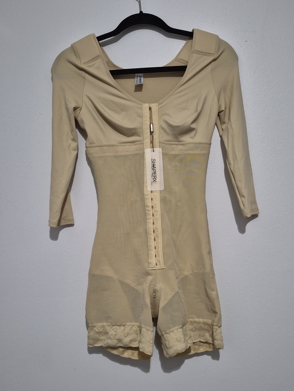 Beige Full-Body Shapewear Bodysuit with Front Zipper